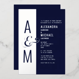 Monogram Typografie Navy Blue Silver Wedding Folieneinladung