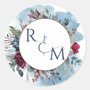 Monogram Umschlag Aufkleber Blue Burgundy Wedding