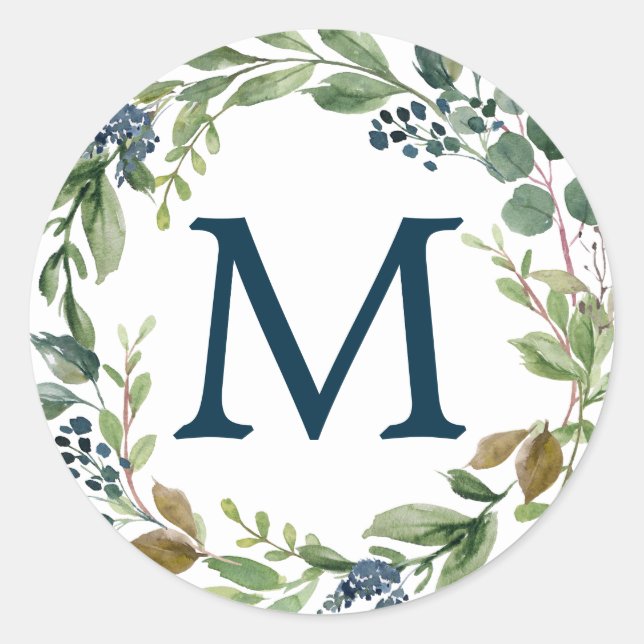Monogram Umschlag Aufklebers Navy Greenery Runder Aufkleber (Vorderseite)