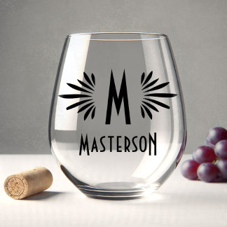 Monogram und Name Custom Art Deco Black Geblüht Weinglas Ohne Stiel