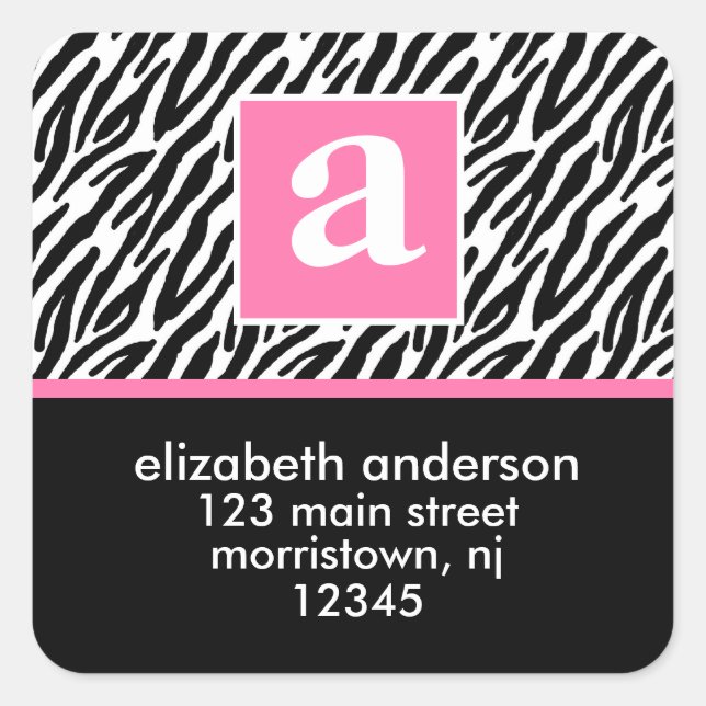 Monogram und Zebra Address Labels Quadratischer Aufkleber (Vorderseite)