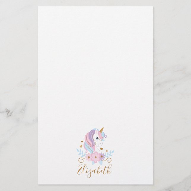 Monogram Unicorn Pink Blue Gold, Girl Briefpapier (Vorderseite)