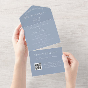 Monogram Unique Dusty Blue QR Code Wedding All In One Einladung