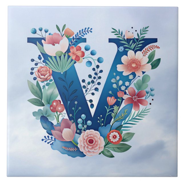 Monogram 'V' dekoratives Blumendesign Fliese (Vorderseite)