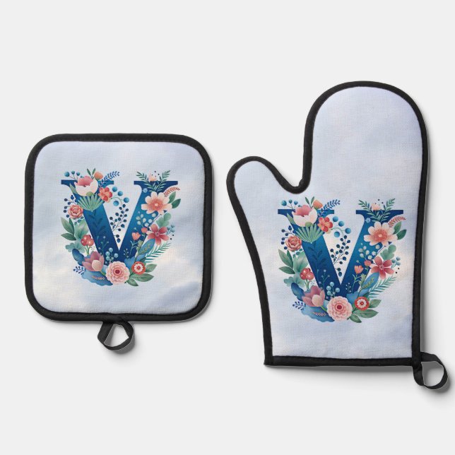 Monogram 'V' dekoratives Blumendesign Ofenhandschuh & Topflappen-Set (Vorderseite)