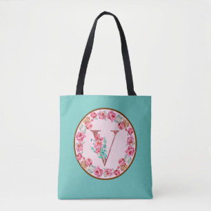 Monogram V Letter with Peony Blume Image Toag Tasche