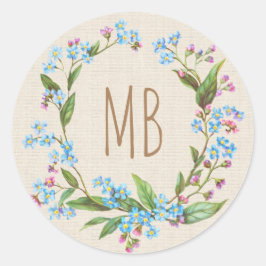 Monogram Vergiss-Me-Not Wreath Blue Beige Rustic Runder Aufkleber