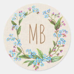 Monogram Vergiss-Me-Not Wreath Blue Beige Rustic Runder Aufkleber