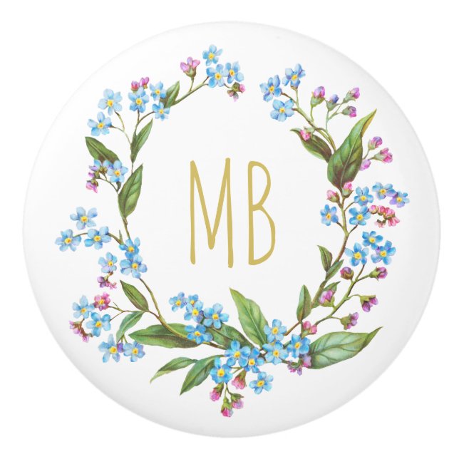 Monogram Vergiss-Me-Not Wreath Blue Flowers Niedli Keramikknauf (Vorderseite)
