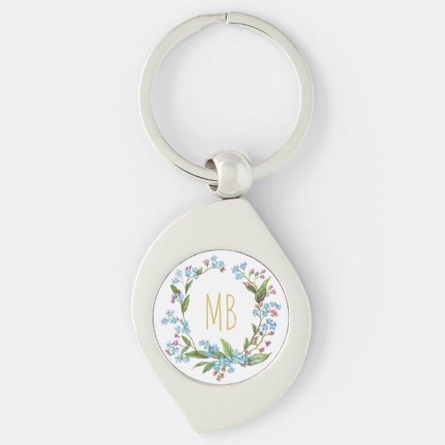 Monogram Vergiss-Me-Not Wreath Blue Flowers Niedli Schlüsselanhänger (Vorderseite)
