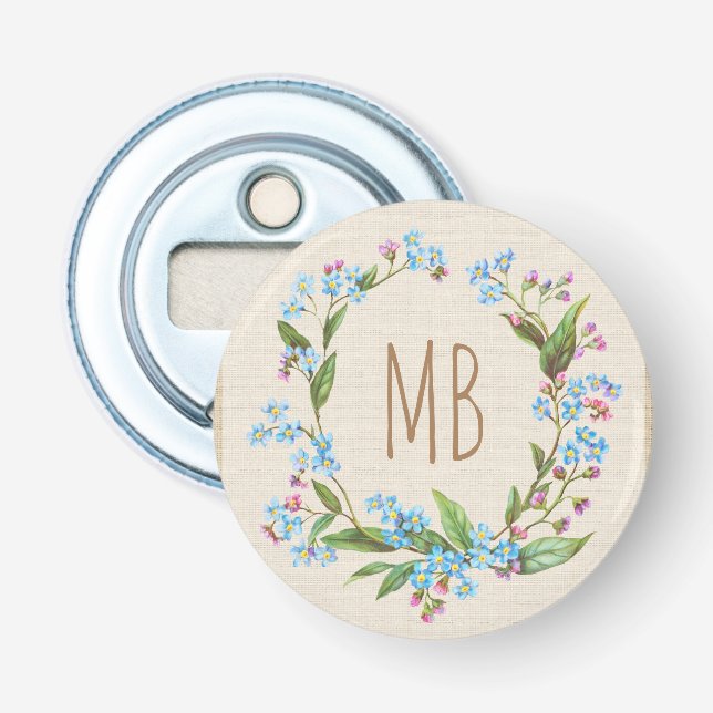Monogram Vergiss-Me-Not Wreath Blue Flowers Rustic Flaschenöffner (Vorderseite)