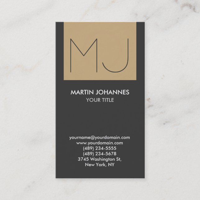Monogram Vertikale elegante Graue Beige Business C Visitenkarte (Vorderseite)