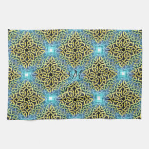 Monogram Viktorianisch Golden Trim Aqua Hintergrun Geschirrtuch