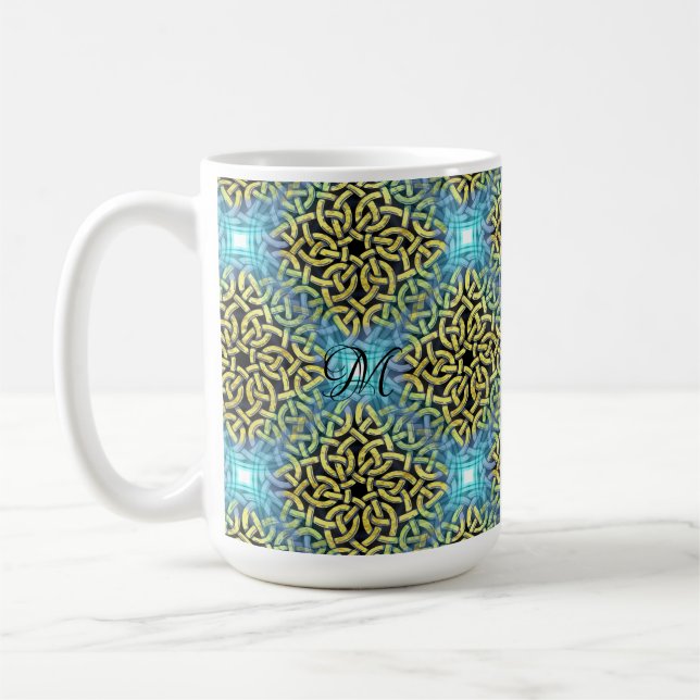 Monogram Viktorianisch Golden Trim Aqua Hintergrun Kaffeetasse (Links)