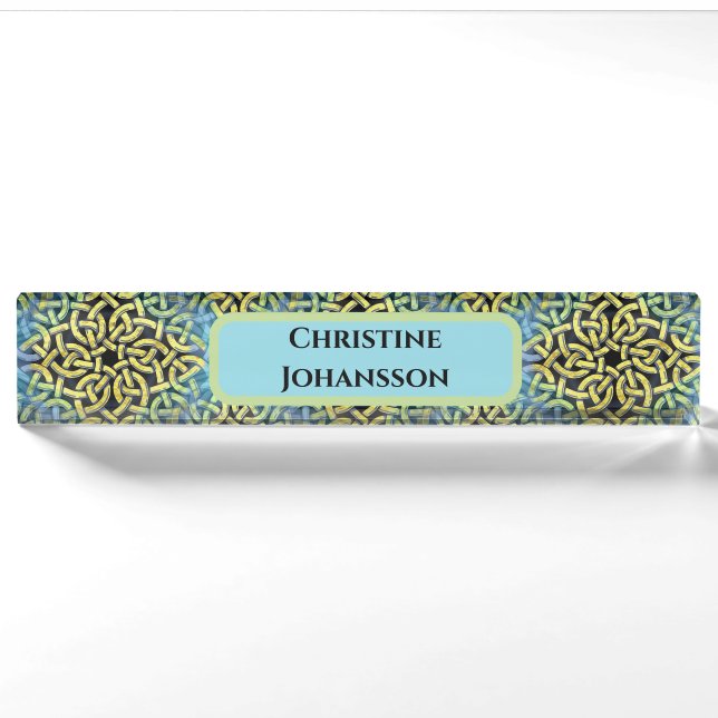 Monogram Viktorianisch Golden Trim Aqua Hintergrun Namensplakette (Vorderseite)