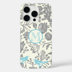 Monogram Vintag Bird Gray Ivory Aqua Blue title_seo2