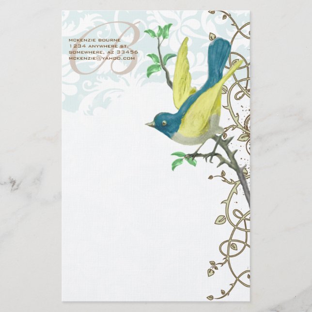 Monogram Vintag Bird Vintag Treasures Briefpapier (Vorderseite)