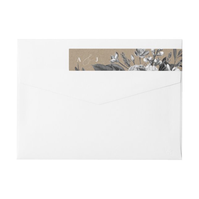 Monogram Vintag Black Floral Kraft Rücksendeadress (Rückseite)