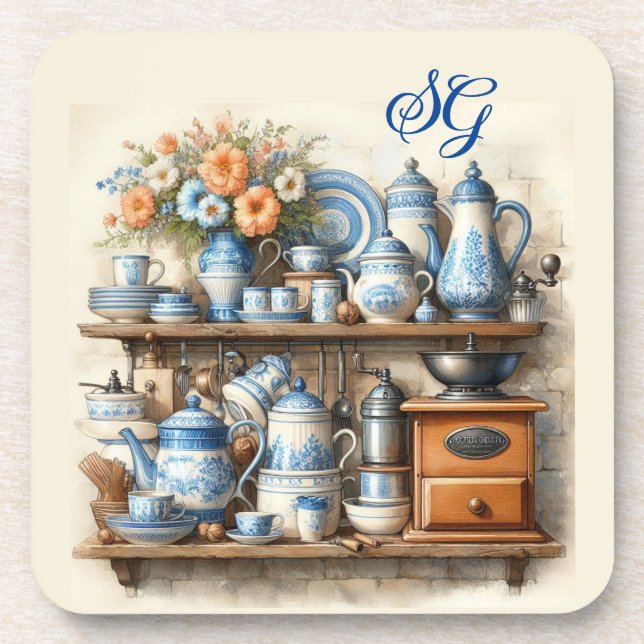 Monogram Vintag Blue Kitchen Getränkeuntersetzer (Vorderseite)