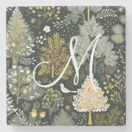 Monogram Vintag Boho Green Gold Weihnachtsbaumen Steinuntersetzer