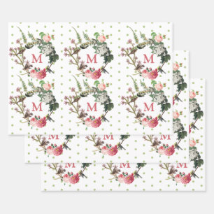 Monogram Vintag Floral & Bird Wreath Polka Dots Geschenkpapier Set