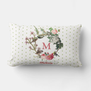 Monogram Vintag Floral & Bird Wreath Polka Dots Lendenkissen