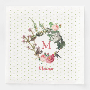 Monogram Vintag Floral & Bird Wreath Polka Dots Serviette