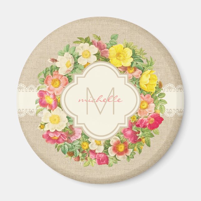 Monogram Vintag Floral Wreath Lace Magnet (Vorne)