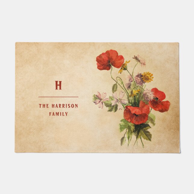 Monogram Vintag Rustic Bouquet Red Poppies Beige Fußmatte (Vorderseite)
