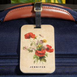 Monogram Vintag Rustic Bouquet Red Poppies Beige Gepäckanhänger