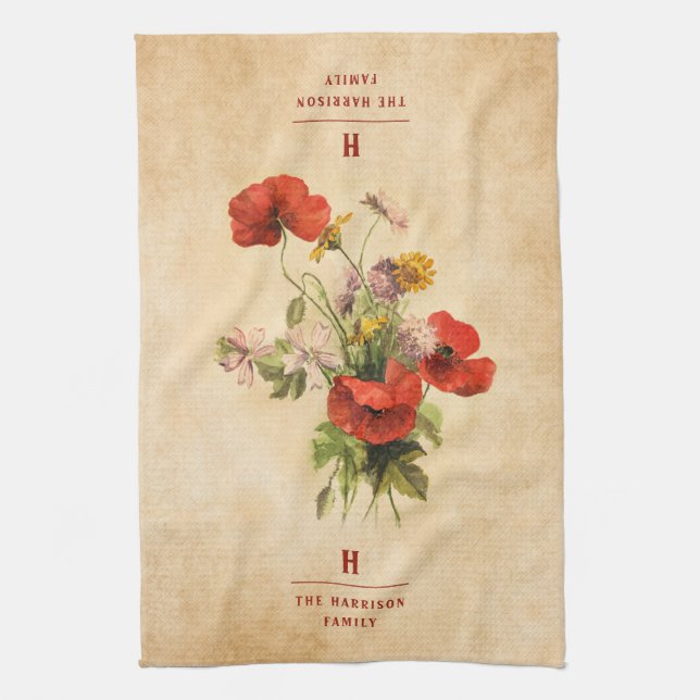 Monogram Vintag Rustic Bouquet Red Poppies Beige Geschirrtuch (Vertikal)