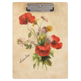Monogram Vintag Rustic Bouquet Red Poppies Beige Klemmbrett