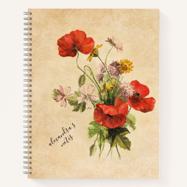 Monogram Vintag Rustic Bouquet Red Poppies Beige Notizbuch (Vorderseite)