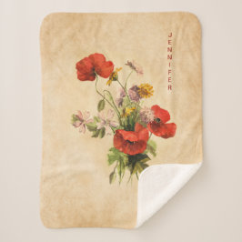 Monogram Vintag Rustic Bouquet Red Poppies Beige Sherpadecke