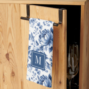 Monogram Vintage Blau Weiße Florale Rosen Geschirrtuch