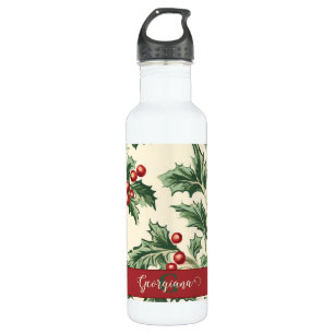 Monogram Vintage Christmas Holly & Berries Muster Edelstahlflasche