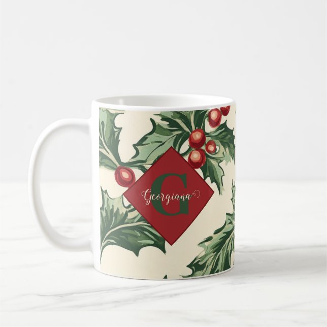Monogram Vintage Christmas Holly & Berries Muster Kaffeetasse (Links)