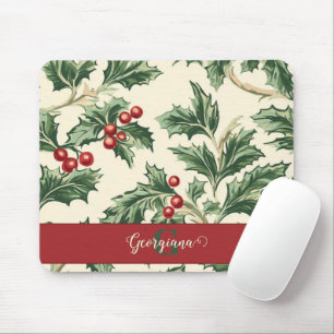 Monogram Vintage Christmas Holly & Berries Muster Mousepad