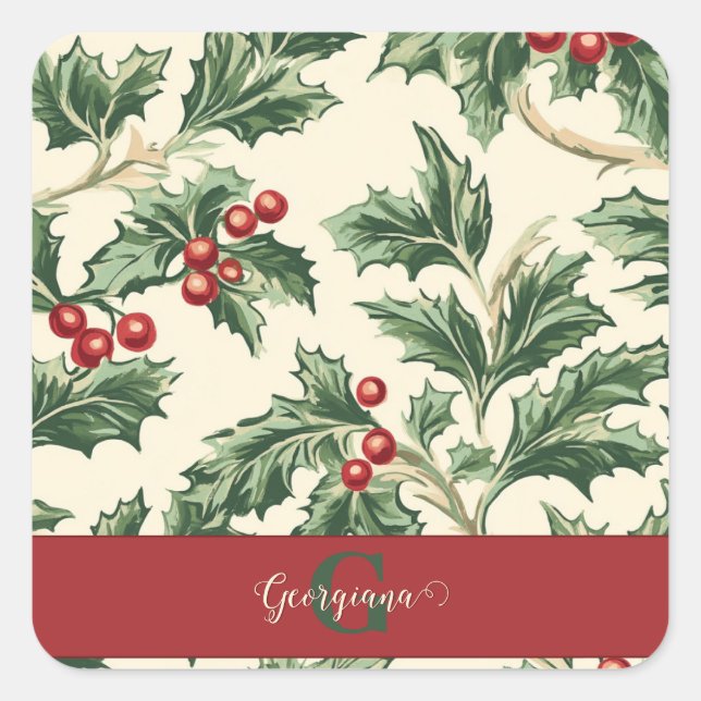 Monogram Vintage Christmas Holly & Berries Muster Quadratischer Aufkleber (Vorderseite)