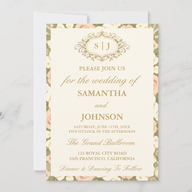 Monogram Vintage Ivory Wedding Invitation Einladung (Vorderseite)