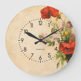 Monogram Vintage Rustic Bouquet Red Poppies Beige Große Wanduhr