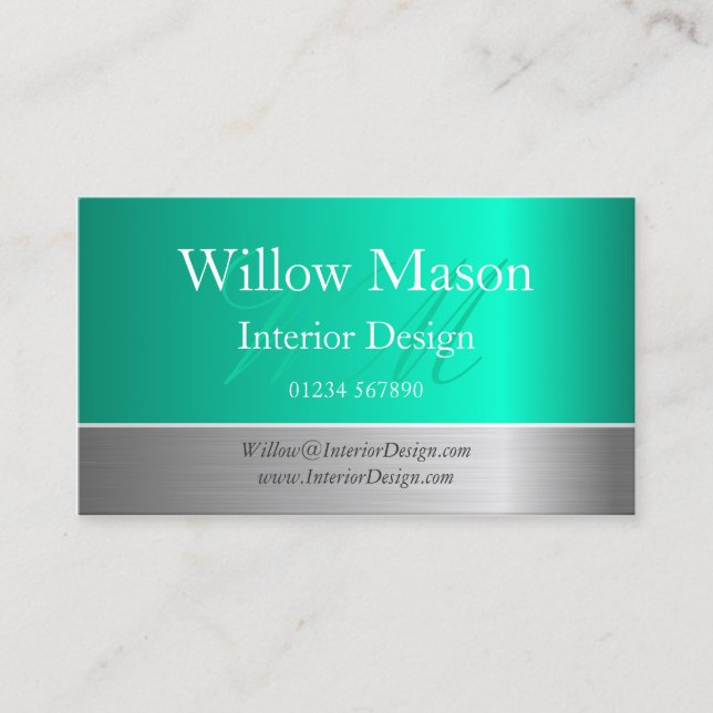 Monogram-Visitenkarte für Aqua Foil & Brushed Stee Visitenkarte (Vorderseite)