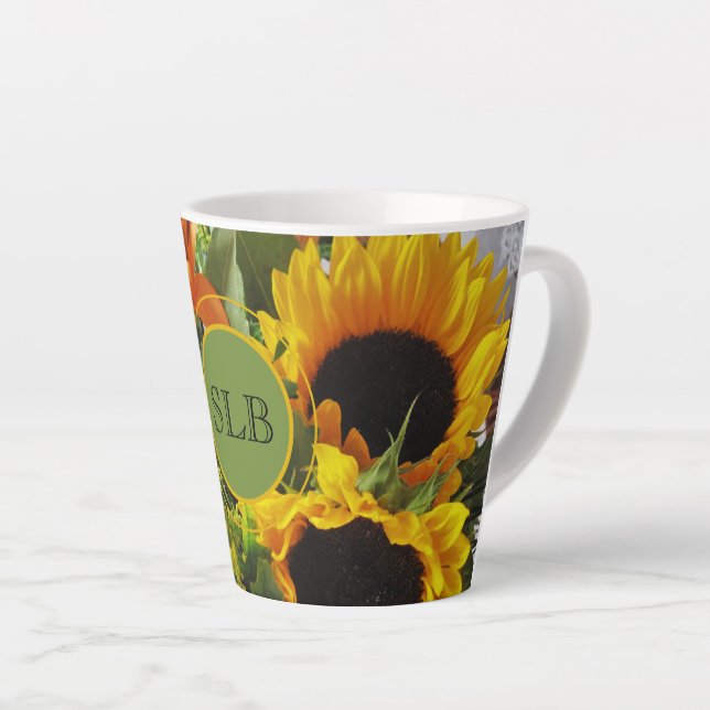 Monogram Vivid Sunflowers Foto Print 12oz Milchtasse (Rechte Ecke)