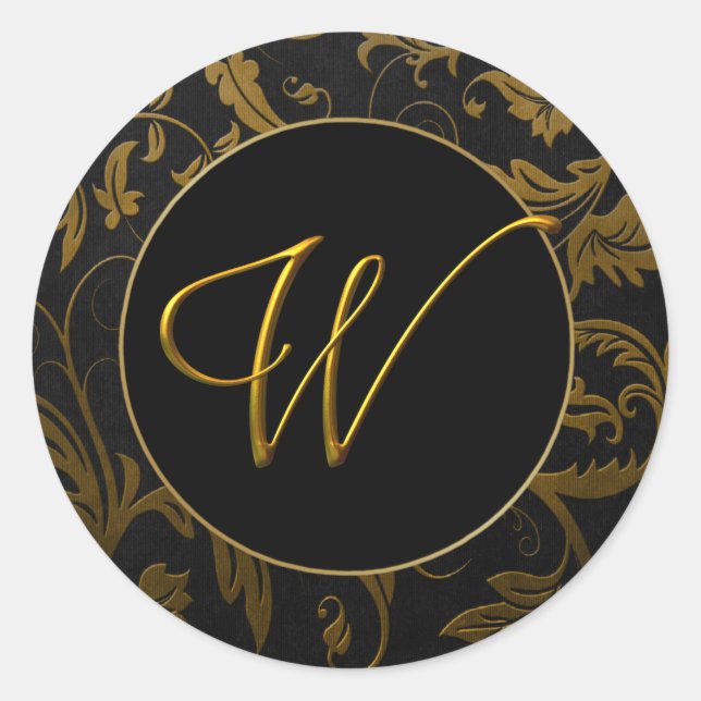 Monogram W Gold and Black Damask Wedding Siegel Runder Aufkleber (Vorderseite)