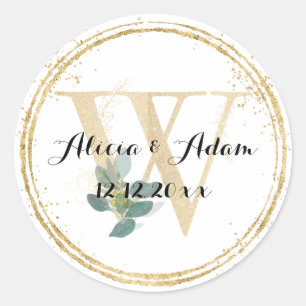 Monogram W Gold Border Wedding Runder Aufkleber