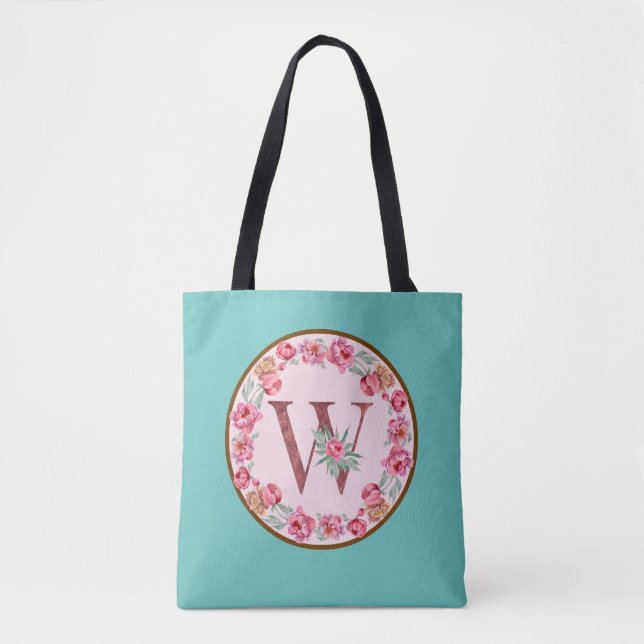 Monogram W Letter with Peony Blume Image Toag Tasche (Vorderseite)