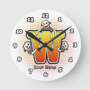 Monogram W Sock Monkey-Uhr Runde Wanduhr