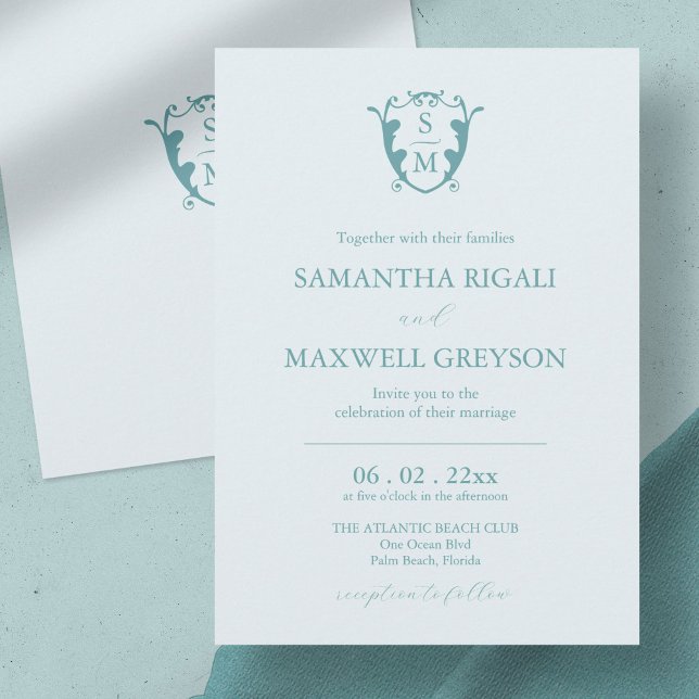 Monogram Wappen Anpassbare Blass Blue Wedding Einladung ( wedding invitation blue minimalistic custom monogram crest Victoria Grigaliunas)