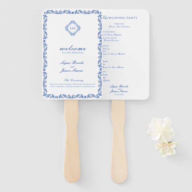 Monogram Wappen Blue Chinoiserie Wedding Program Fächer (Vorne und Hinten)
