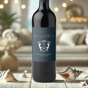 Monogram Wappen Custom Wine Bottle Labels Navy Blu Weinetikett